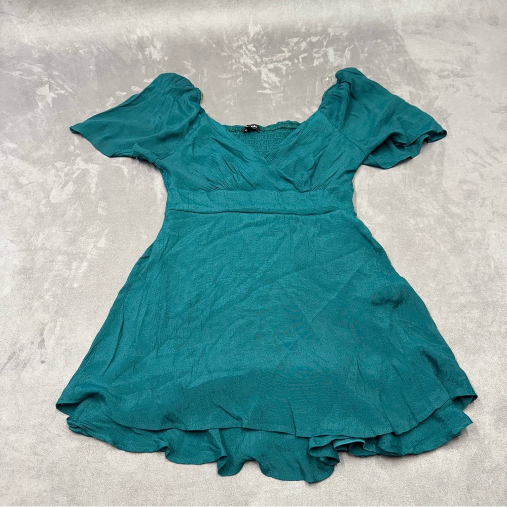 AS U Wish Teal mini Dress v neckline smocked fitted waist women XL lightweight
